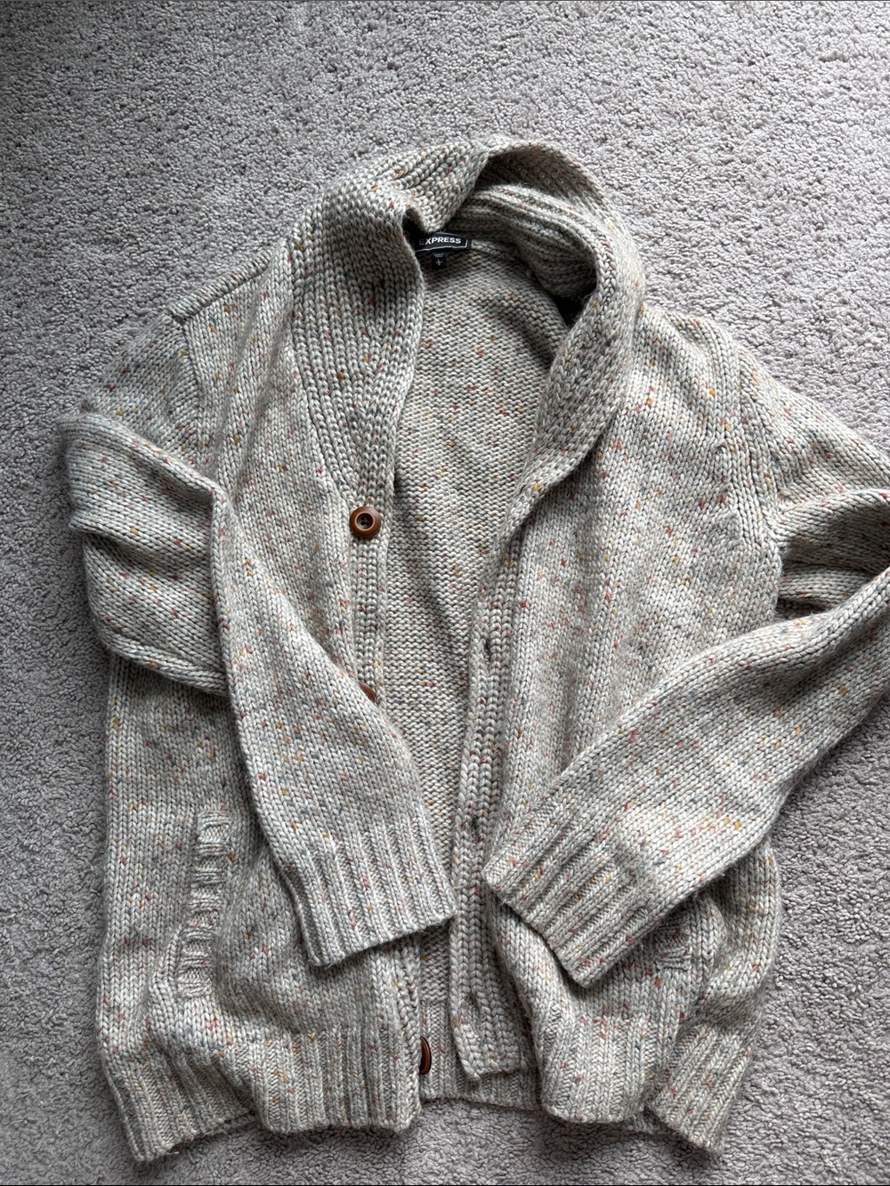 Express Men's Shawl Collar Speckled Cardigan - Cream with Orange Flecks